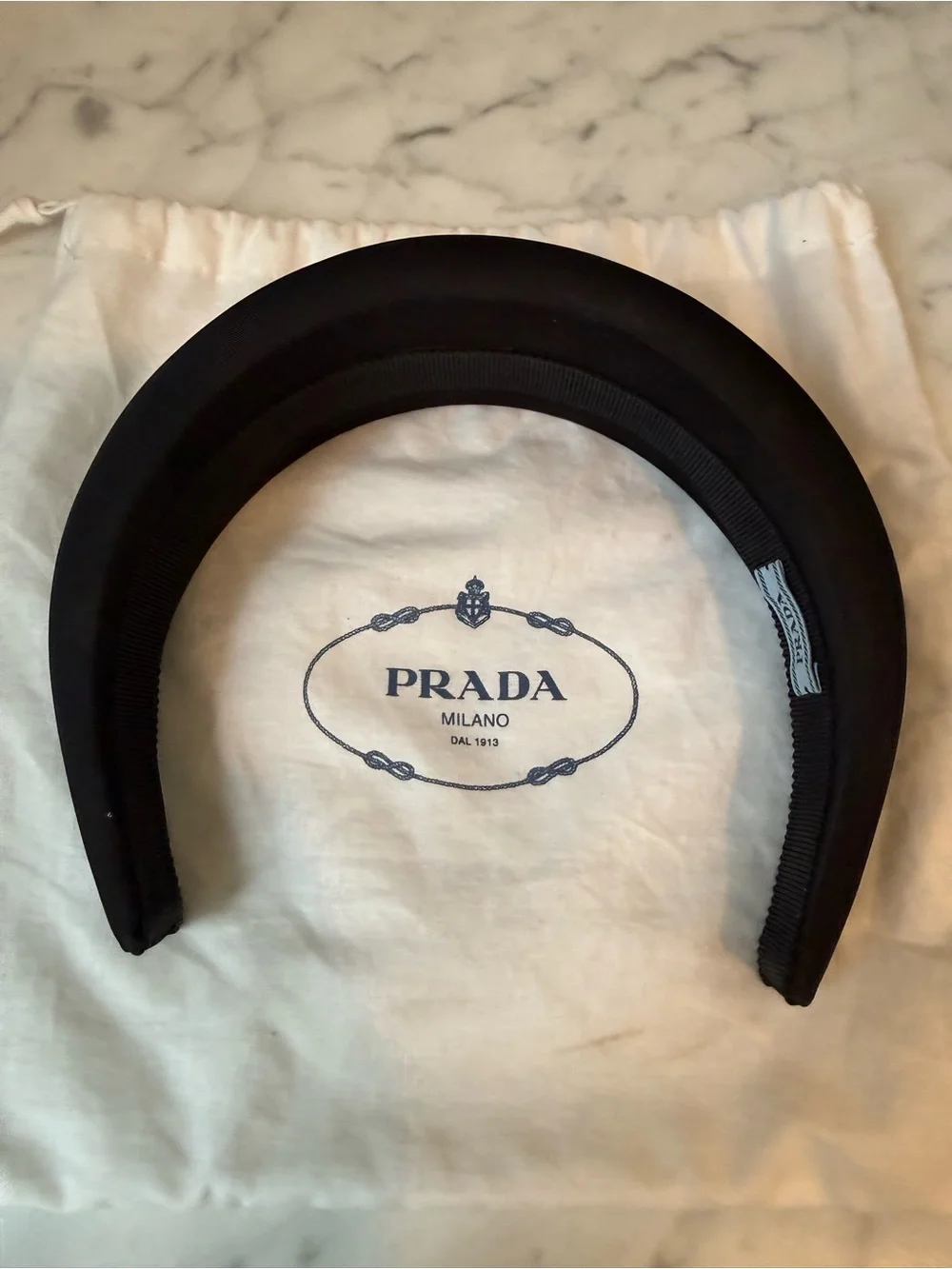 Prada Black Padded Headband with Silver Logo Plaque